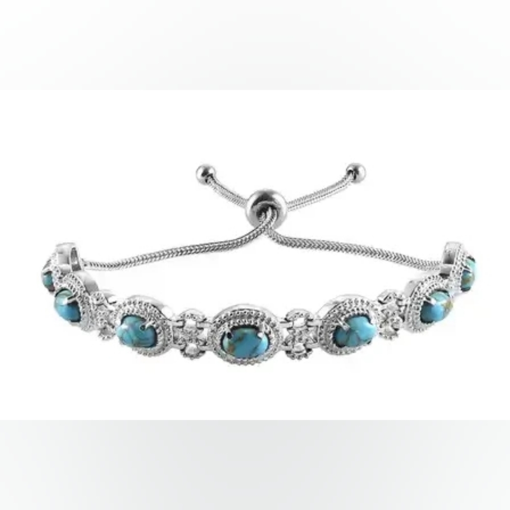 Mojave Blue Turquoise Beaded Bolo Bracelet in Stainless Steel Adjustable
